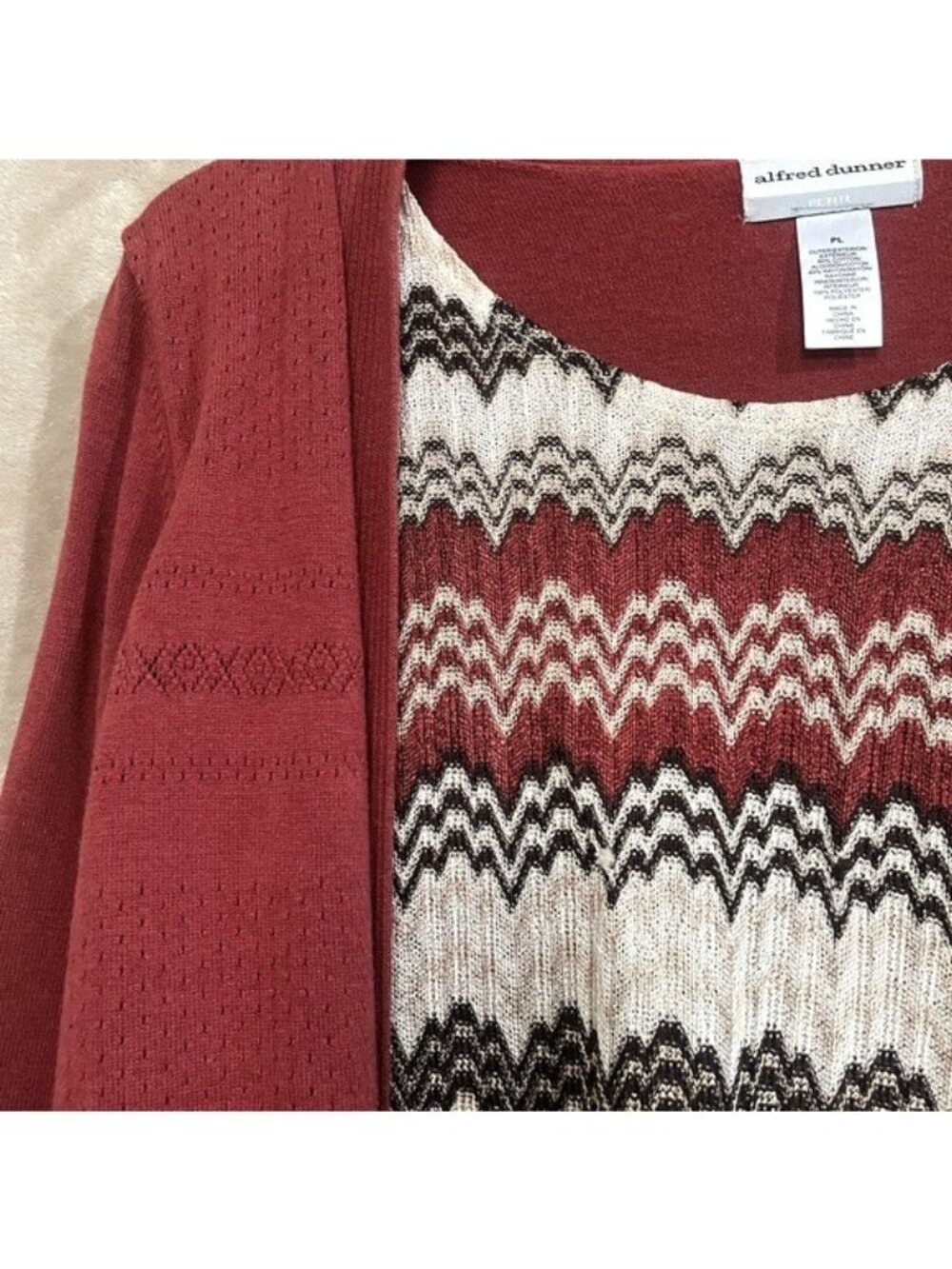 Alfred Dunner Chevron Layered Top Womens Petite Cardigan Rust Gold Tan Patterned - Picture 13 of 16